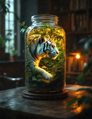 The primary subject of the image is a large glass jar filled with plants and a tiger figurine. The setting is a room with a wooden table, and the visual style is a combination of a photo and digital art. The colors and mood of the image are predominantly green, with a sense of tranquility and natural beauty.